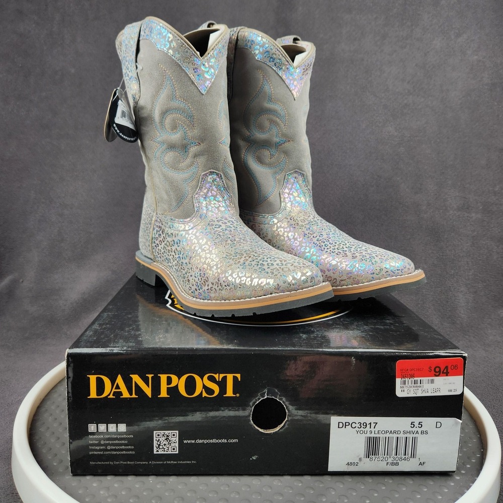 Dan Post Boots Youth Girls 5 D Shiva Gray Suede Metallic Leopard‎ Print Western